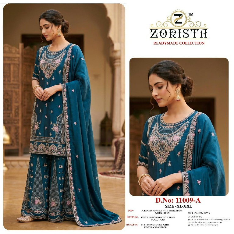 ZORISTA D.NO 11009 WHOLESALE READYMADE CHINON SILK PAKISTANI FUNCTION WEAR 3 PCS SUITS SUPPLIER