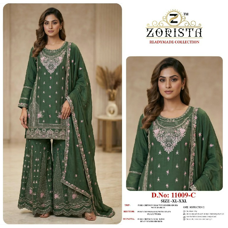 ZORISTA D.NO 11009 WHOLESALE READYMADE CHINON SILK PAKISTANI FUNCTION WEAR 3 PCS SUITS SUPPLIER