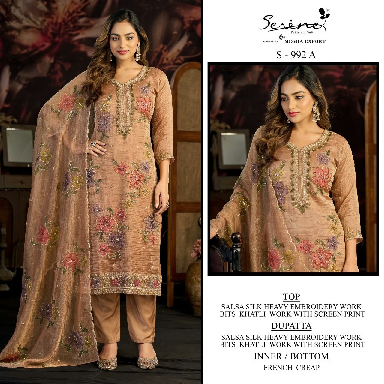 SERINE D.NO 992 WHOLESALE SALSA SILK BEAUTIFUL WORK UNSTITCH SALWAR SUITS SUPPLIER