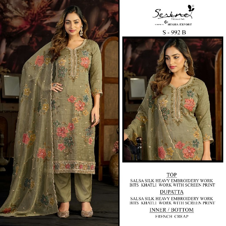 SERINE D.NO 992 WHOLESALE SALSA SILK BEAUTIFUL WORK UNSTITCH SALWAR SUITS SUPPLIER