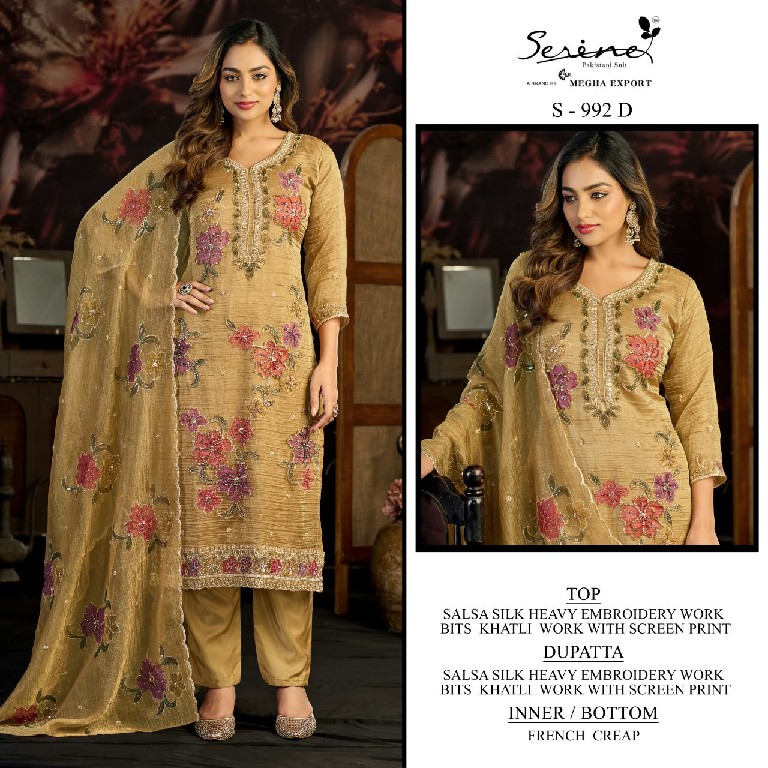 SERINE D.NO 992 WHOLESALE SALSA SILK BEAUTIFUL WORK UNSTITCH SALWAR SUITS SUPPLIER