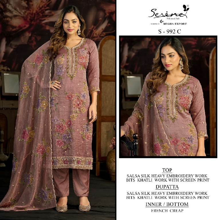 SERINE D.NO 992 WHOLESALE SALSA SILK BEAUTIFUL WORK UNSTITCH SALWAR SUITS SUPPLIER