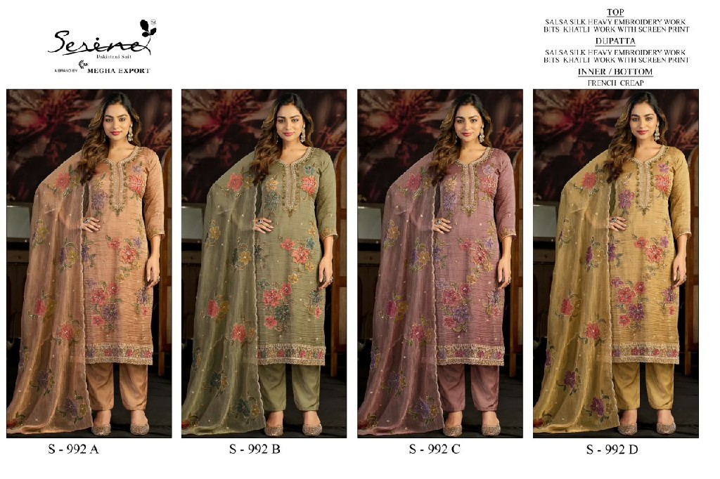 SERINE D.NO 992 WHOLESALE SALSA SILK BEAUTIFUL WORK UNSTITCH SALWAR SUITS SUPPLIER