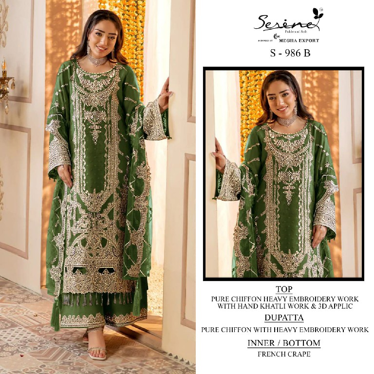 SERINE D.NO 986 WHOLESALE PURE CHIFFON PAKISTANI ELEGANT LOOK UNSTITCH SALWAR SUITS FOR EXPORT