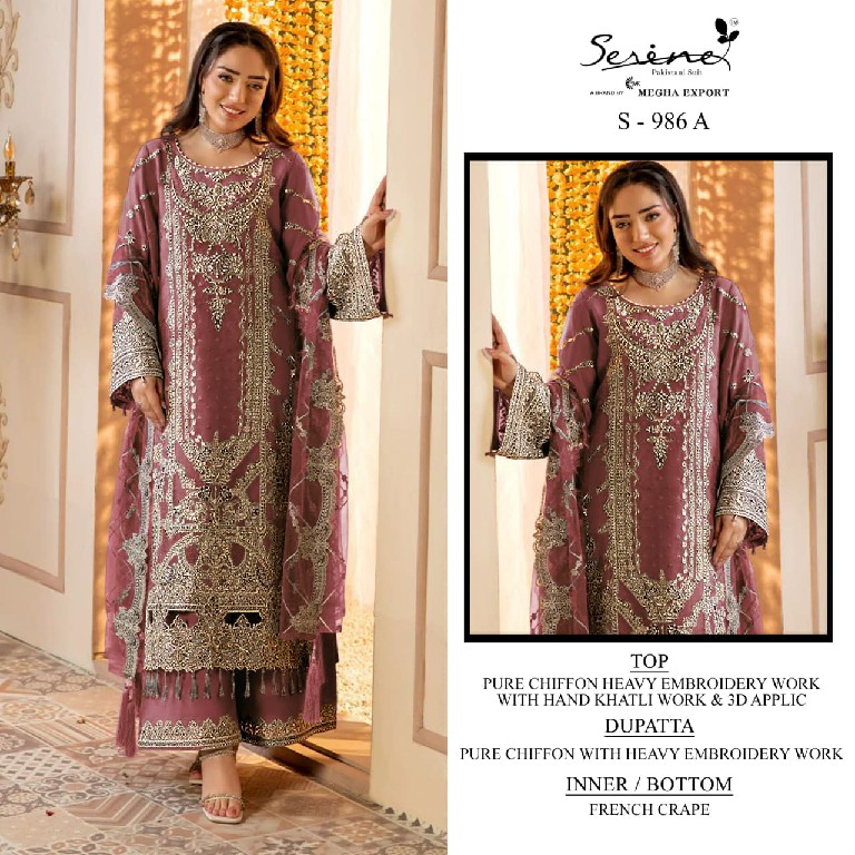 SERINE D.NO 986 WHOLESALE PURE CHIFFON PAKISTANI ELEGANT LOOK UNSTITCH SALWAR SUITS FOR EXPORT