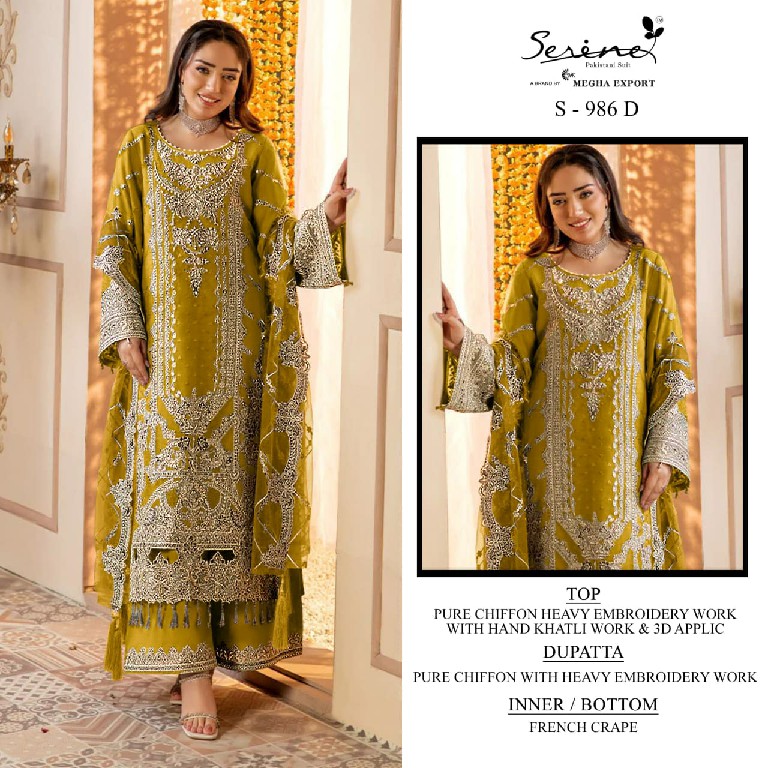 SERINE D.NO 986 WHOLESALE PURE CHIFFON PAKISTANI ELEGANT LOOK UNSTITCH SALWAR SUITS FOR EXPORT