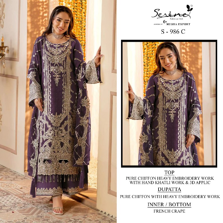 SERINE D.NO 986 WHOLESALE PURE CHIFFON PAKISTANI ELEGANT LOOK UNSTITCH SALWAR SUITS FOR EXPORT