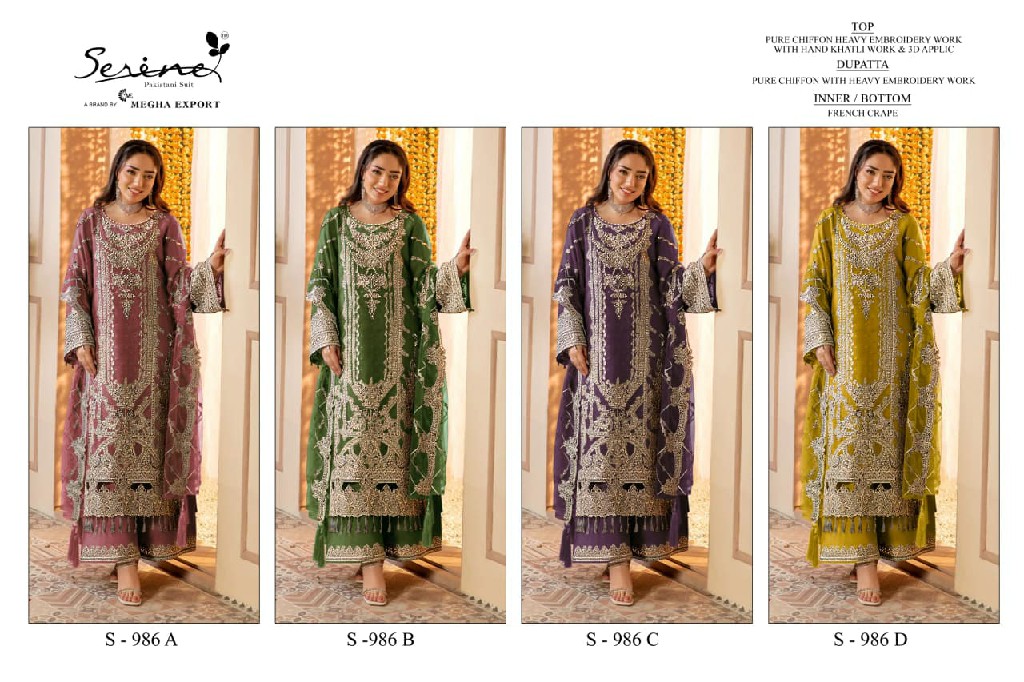 SERINE D.NO 986 WHOLESALE PURE CHIFFON PAKISTANI ELEGANT LOOK UNSTITCH SALWAR SUITS FOR EXPORT