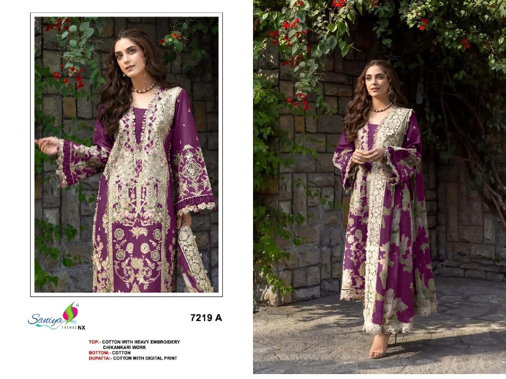 SANIYA TRENDZ D.NO 7219 WHOLESALE COTTON CHIKANKARI EMBROIDERED UNSTITCH SALWAR SUITS FOR EXPORT