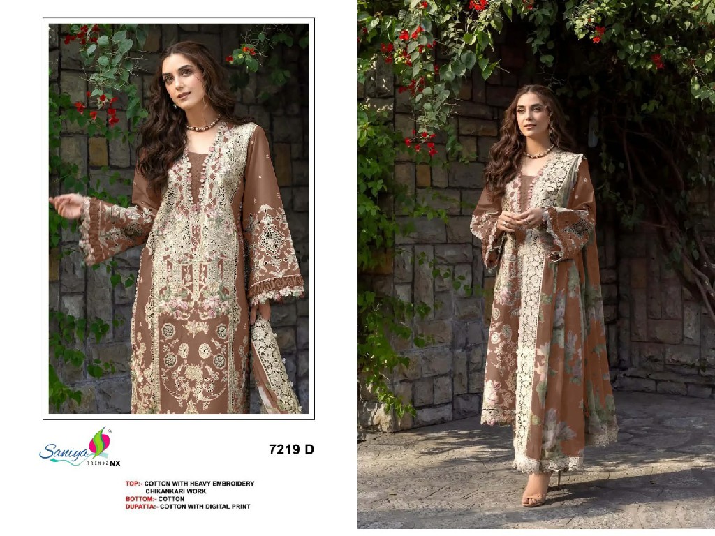SANIYA TRENDZ D.NO 7219 WHOLESALE COTTON CHIKANKARI EMBROIDERED UNSTITCH SALWAR SUITS FOR EXPORT