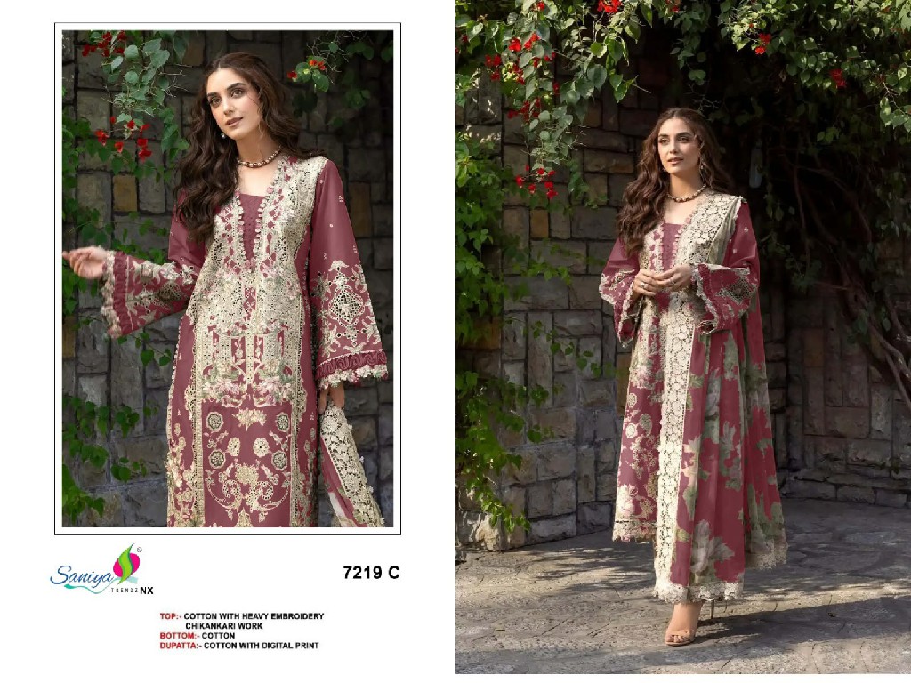 SANIYA TRENDZ D.NO 7219 WHOLESALE COTTON CHIKANKARI EMBROIDERED UNSTITCH SALWAR SUITS FOR EXPORT