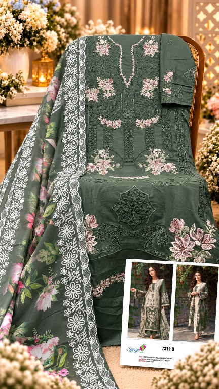 SANIYA TRENDZ D.NO 7219 WHOLESALE COTTON CHIKANKARI EMBROIDERED UNSTITCH SALWAR SUITS FOR EXPORT