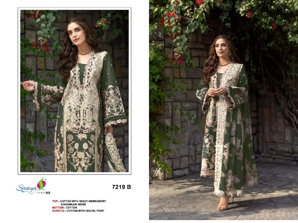 SANIYA TRENDZ D.NO 7219 WHOLESALE COTTON CHIKANKARI EMBROIDERED UNSTITCH SALWAR SUITS FOR EXPORT