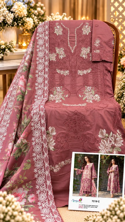 SANIYA TRENDZ D.NO 7219 WHOLESALE COTTON CHIKANKARI EMBROIDERED UNSTITCH SALWAR SUITS FOR EXPORT
