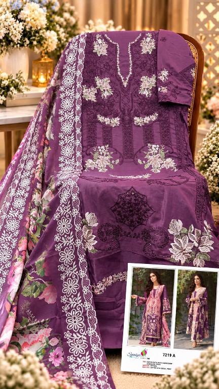 SANIYA TRENDZ D.NO 7219 WHOLESALE COTTON CHIKANKARI EMBROIDERED UNSTITCH SALWAR SUITS FOR EXPORT