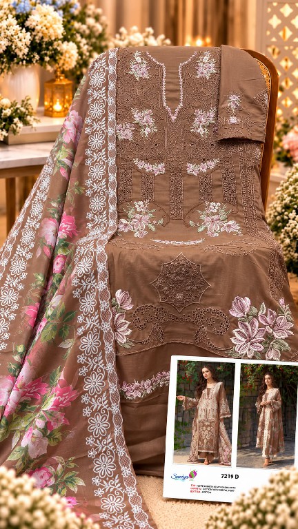 SANIYA TRENDZ D.NO 7219 WHOLESALE COTTON CHIKANKARI EMBROIDERED UNSTITCH SALWAR SUITS FOR EXPORT