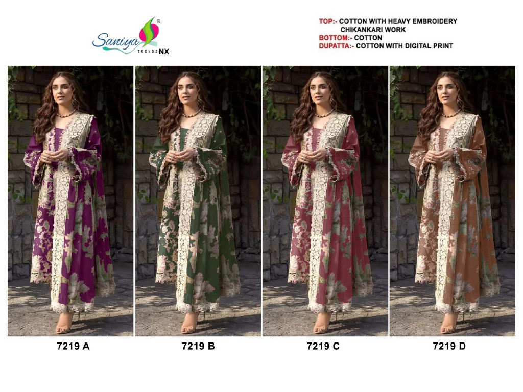 SANIYA TRENDZ D.NO 7219 WHOLESALE COTTON CHIKANKARI EMBROIDERED UNSTITCH SALWAR SUITS FOR EXPORT