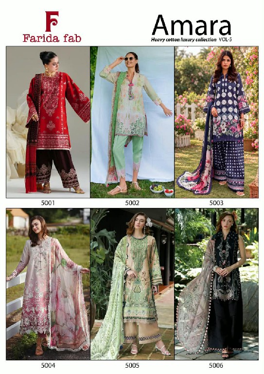 FARIDA FAB AMARA VOL 5 WHOLESALE PURE COTTON PRINTED PAKISTANI REGULAR WEAR DRESS MATERIAL EXPORTER
