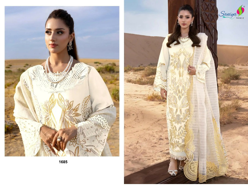 SANIYA TRENDZ RANG RASIYA PREMIUM LAWN VOL 3 WHOLESALE COTTON CHIKANKARI EMBROIDERED UNSTITCH SALWAR SUITS FOR EXPORT