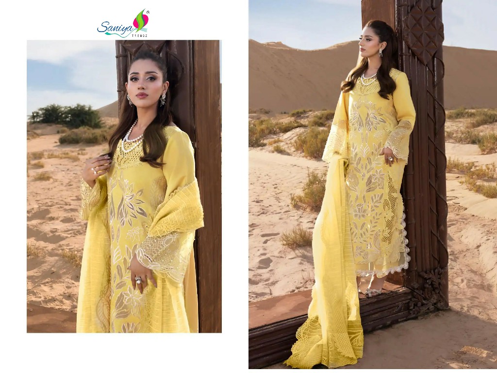 SANIYA TRENDZ RANG RASIYA PREMIUM LAWN VOL 3 WHOLESALE COTTON CHIKANKARI EMBROIDERED UNSTITCH SALWAR SUITS FOR EXPORT