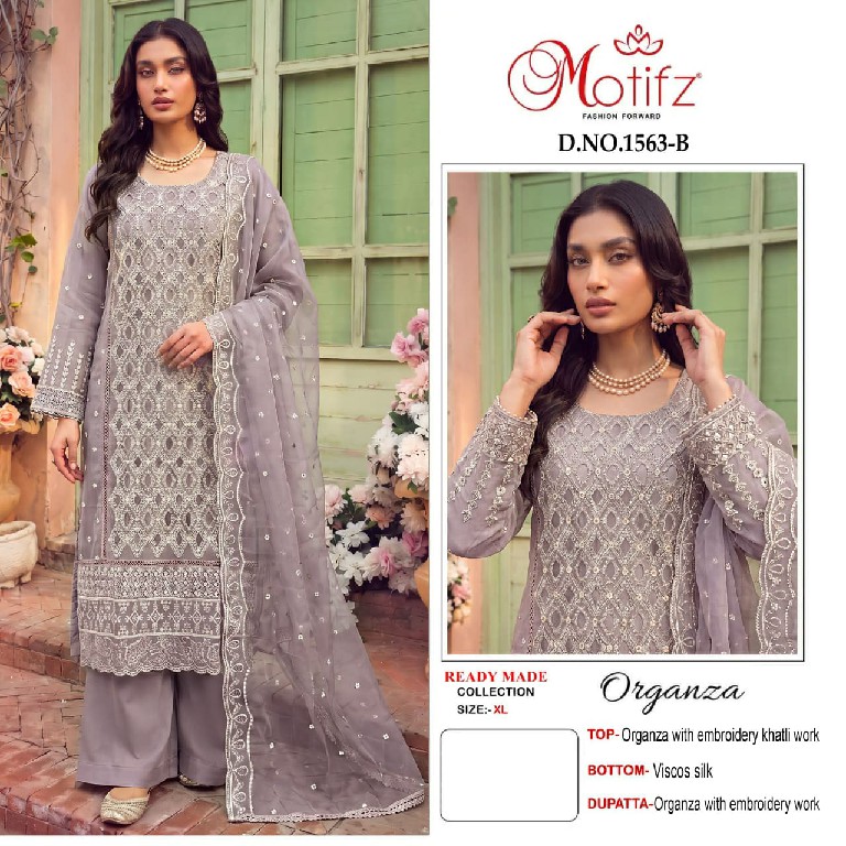 MOTIFZ D.NO 1563 WHOLESALE READYMADE ORGANZA ATTRACTIVE 3 PCS SUITS EXPORTER