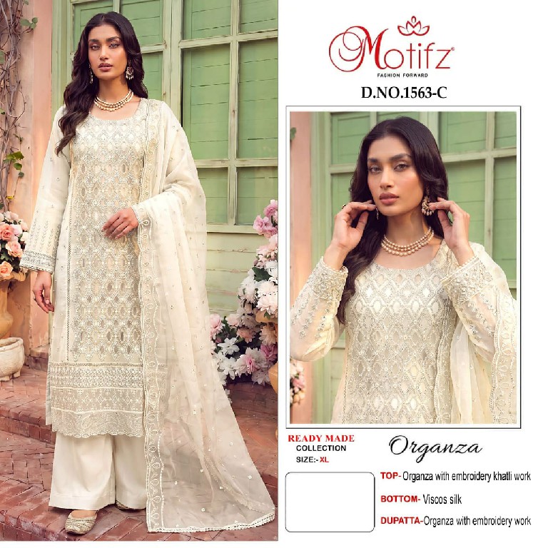 MOTIFZ D.NO 1563 WHOLESALE READYMADE ORGANZA ATTRACTIVE 3 PCS SUITS EXPORTER