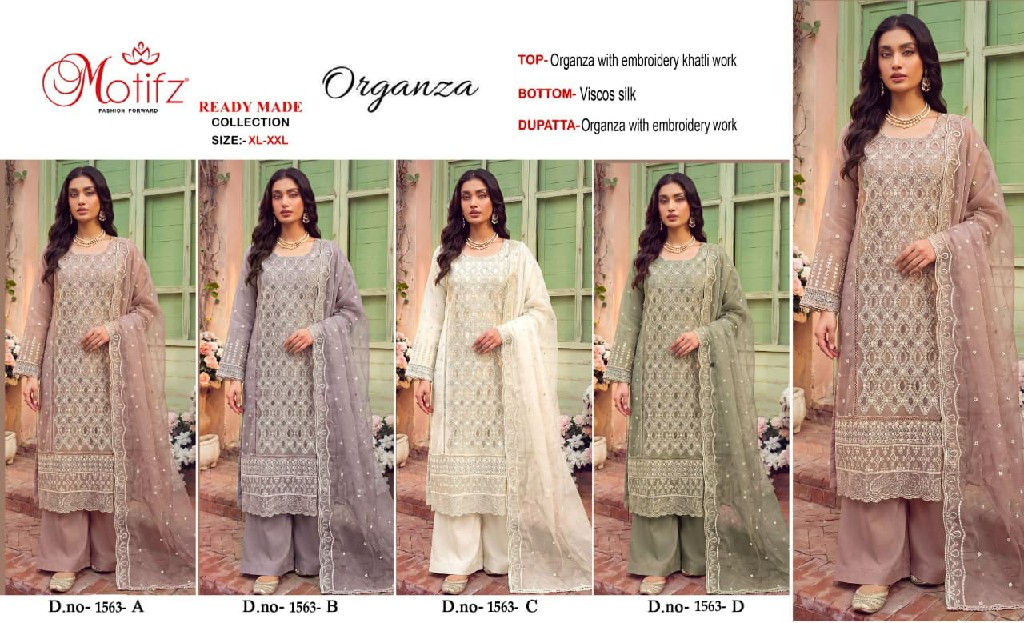 MOTIFZ D.NO 1563 WHOLESALE READYMADE ORGANZA ATTRACTIVE 3 PCS SUITS EXPORTER