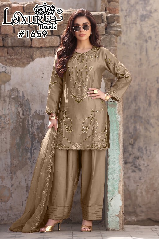 LAXURIA TRENDZ D.NO 1659 WHOLESALE READYMADE JAM SATIN ELEGANCE 3 PCS SUITS EXPORTER