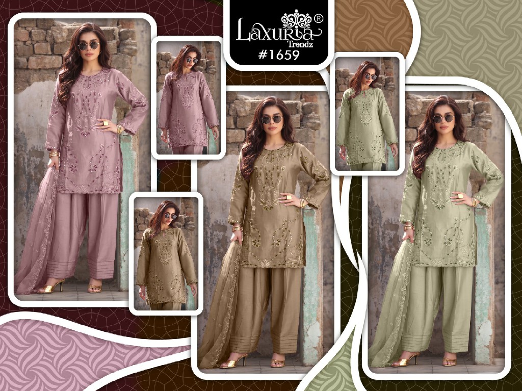 LAXURIA TRENDZ D.NO 1659 WHOLESALE READYMADE JAM SATIN ELEGANCE 3 PCS SUITS EXPORTER