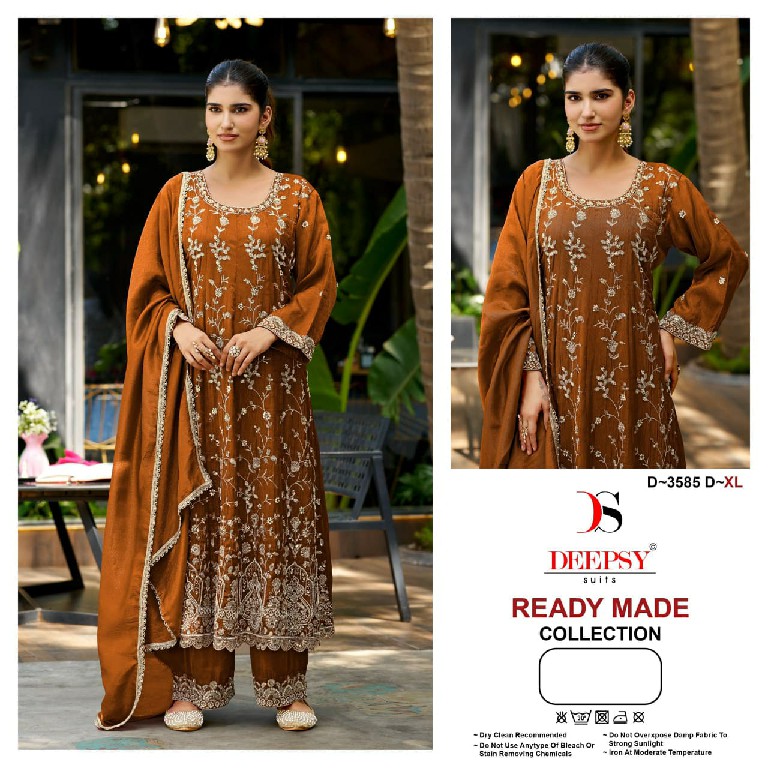 DEEPSY D.NO 3585 WHOLESALE READYMADE VISCOSE TISSUE SILK ANARKALI PATTERN 3 PCS SUITS SUPPLIER