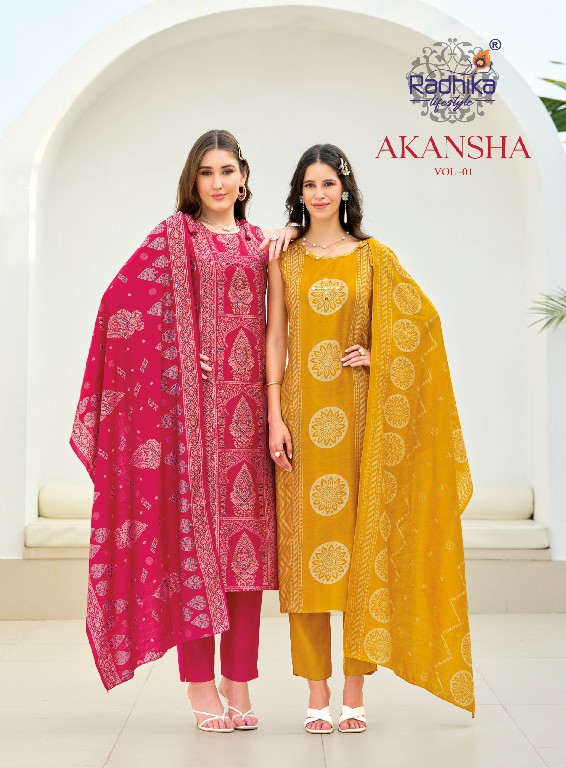 RADHIKA LIFESTYLE AKANSHA VOL 1 WHOLESALE READYMADE VERTICAN WITH WORK STYLISH LOOK BIG SIZE 3 PCS SUITS EXPORTER