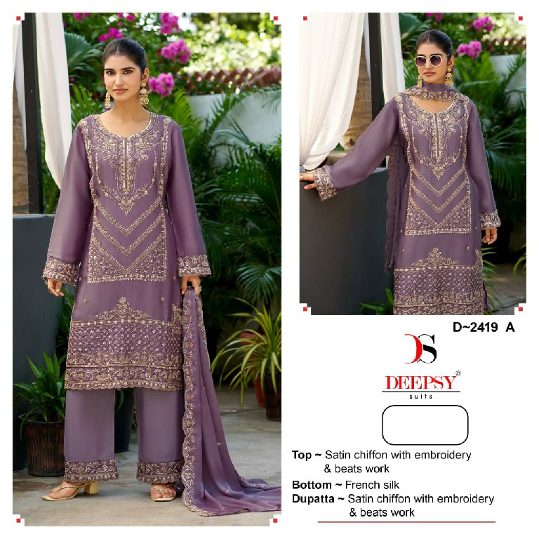 DEEPSY D.NO 2419 WHOLESALE SATIN CHIFFON BEATS WORK UNSTITCH SALWAR SUITS SUPPLIER
