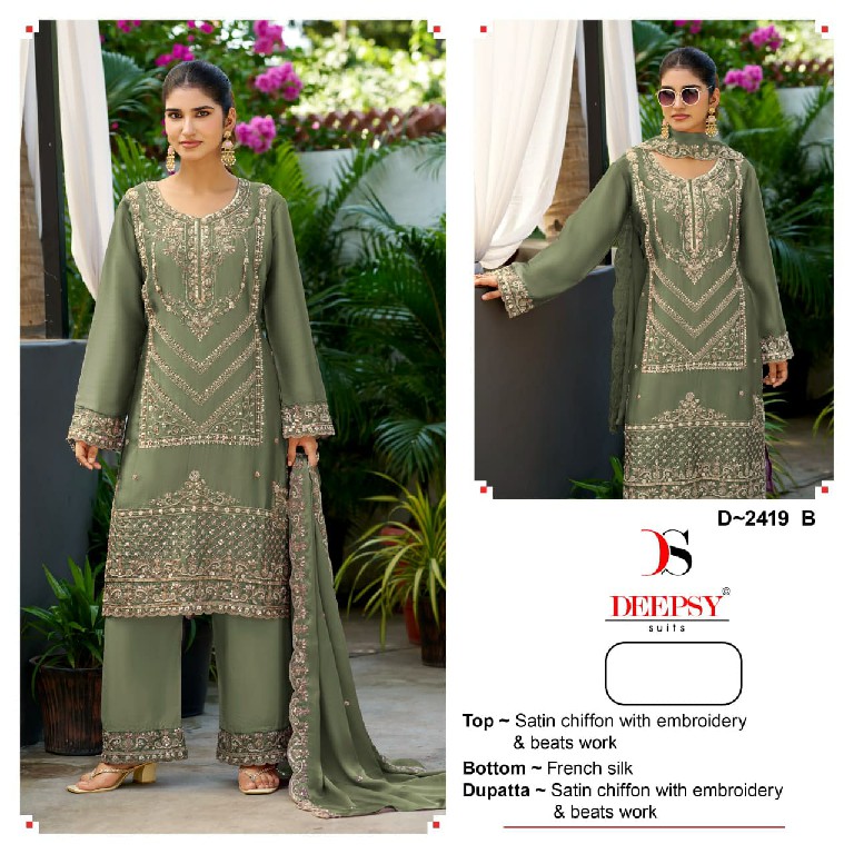 DEEPSY D.NO 2419 WHOLESALE SATIN CHIFFON BEATS WORK UNSTITCH SALWAR SUITS SUPPLIER