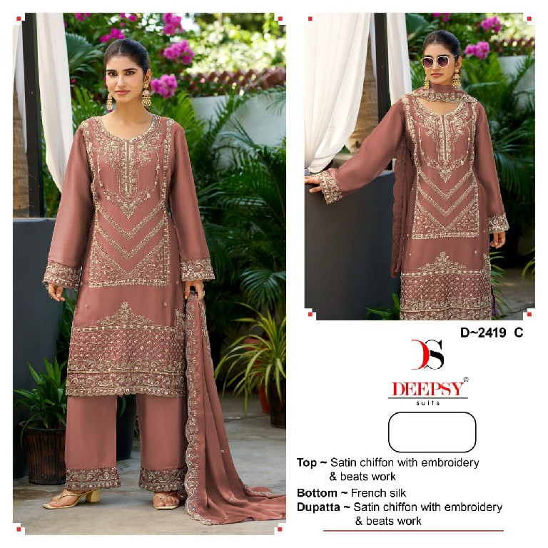 DEEPSY D.NO 2419 WHOLESALE SATIN CHIFFON BEATS WORK UNSTITCH SALWAR SUITS SUPPLIER