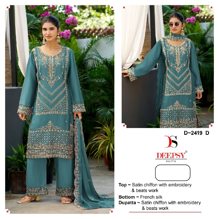 DEEPSY D.NO 2419 WHOLESALE SATIN CHIFFON BEATS WORK UNSTITCH SALWAR SUITS SUPPLIER