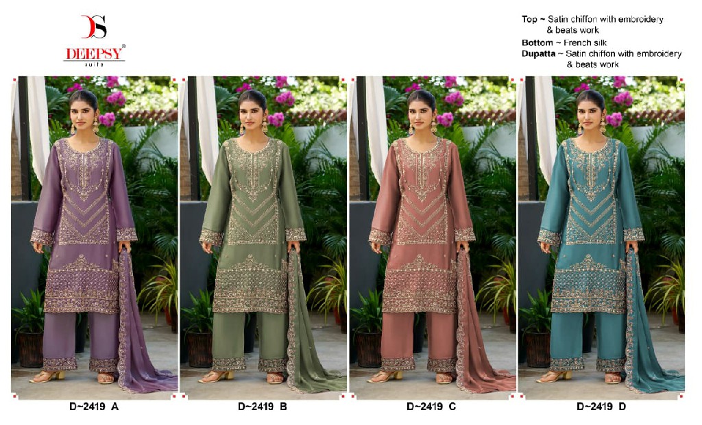 DEEPSY D.NO 2419 WHOLESALE SATIN CHIFFON BEATS WORK UNSTITCH SALWAR SUITS SUPPLIER