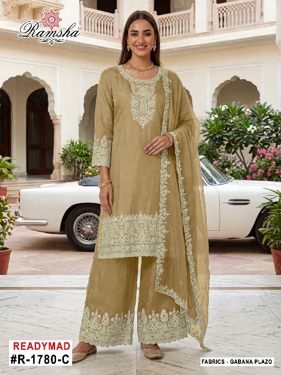 RAMSHA D.NO 1779-1780 WHOLESALE READYMADE GABANA ZARI WORK PLAZZO STYLE 3 PCS SUITS EXPORTER