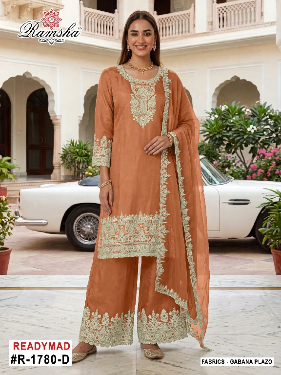RAMSHA D.NO 1779-1780 WHOLESALE READYMADE GABANA ZARI WORK PLAZZO STYLE 3 PCS SUITS EXPORTER
