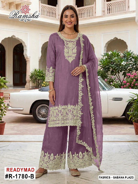 RAMSHA D.NO 1779-1780 WHOLESALE READYMADE GABANA ZARI WORK PLAZZO STYLE 3 PCS SUITS EXPORTER