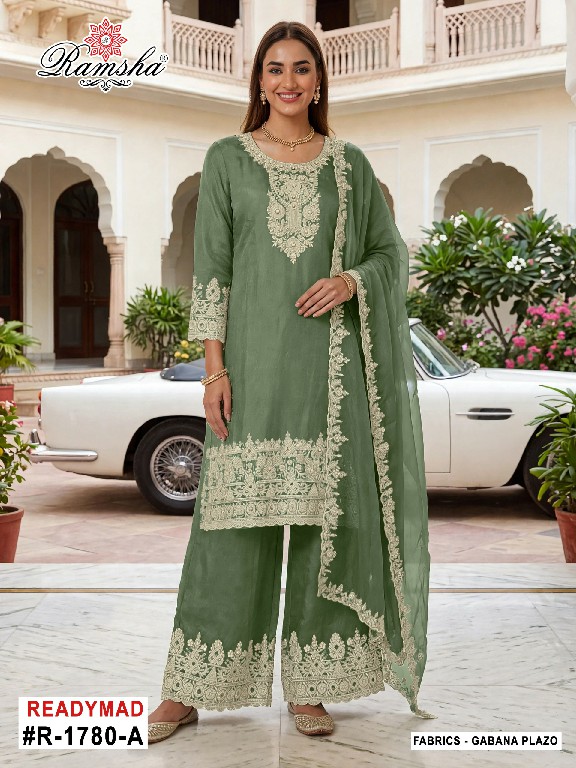 RAMSHA D.NO 1779-1780 WHOLESALE READYMADE GABANA ZARI WORK PLAZZO STYLE 3 PCS SUITS EXPORTER