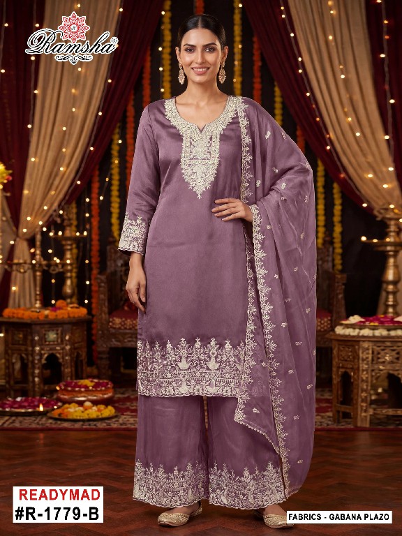 RAMSHA D.NO 1779-1780 WHOLESALE READYMADE GABANA ZARI WORK PLAZZO STYLE 3 PCS SUITS EXPORTER
