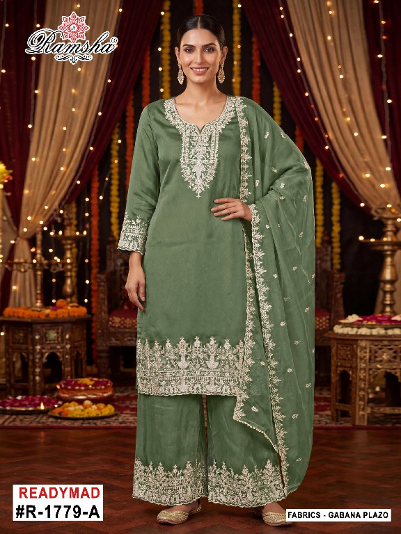 RAMSHA D.NO 1779-1780 WHOLESALE READYMADE GABANA ZARI WORK PLAZZO STYLE 3 PCS SUITS EXPORTER