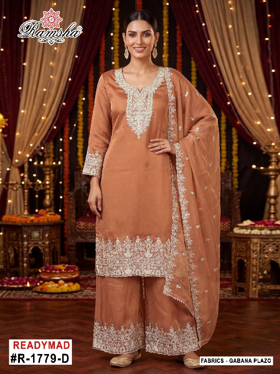 RAMSHA D.NO 1779-1780 WHOLESALE READYMADE GABANA ZARI WORK PLAZZO STYLE 3 PCS SUITS EXPORTER
