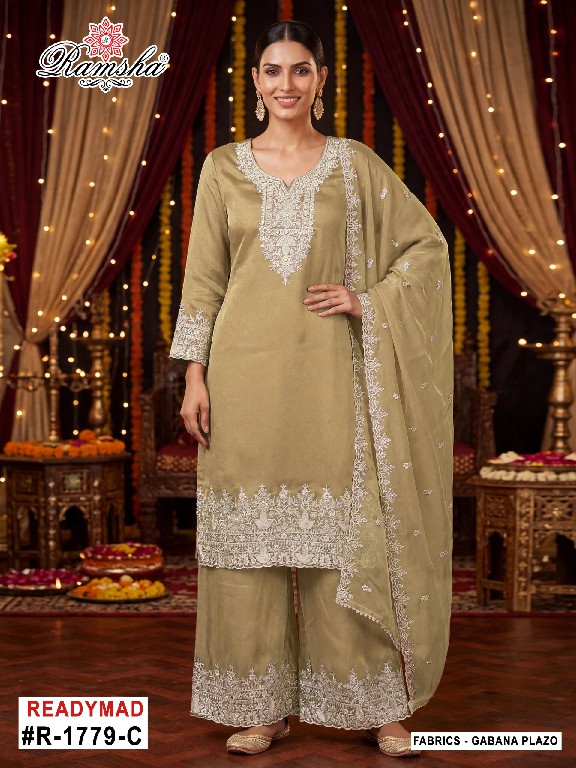 RAMSHA D.NO 1779-1780 WHOLESALE READYMADE GABANA ZARI WORK PLAZZO STYLE 3 PCS SUITS EXPORTER