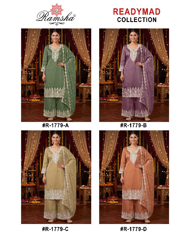 RAMSHA D.NO 1779-1780 WHOLESALE READYMADE GABANA ZARI WORK PLAZZO STYLE 3 PCS SUITS EXPORTER