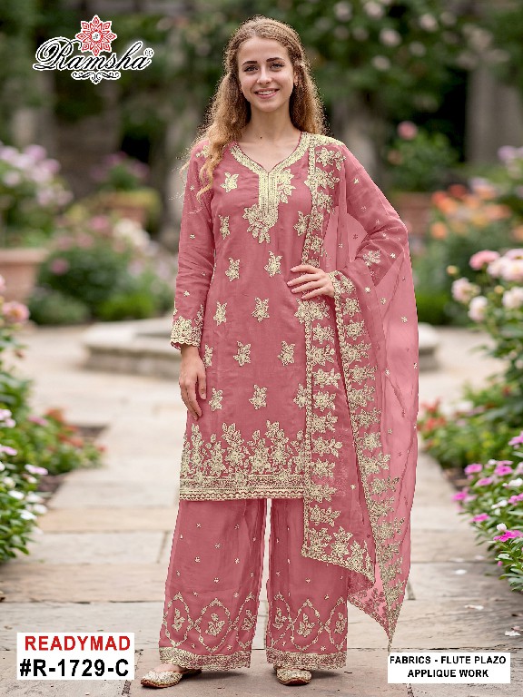 RAMSHA D.NO 1729 WHOLESALE READYMADE FLUTE JARI EPLIC WORK BEAUTIFUL 3 PCS SUITS SUPPLIER