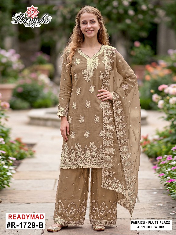 RAMSHA D.NO 1729 WHOLESALE READYMADE FLUTE JARI EPLIC WORK BEAUTIFUL 3 PCS SUITS SUPPLIER