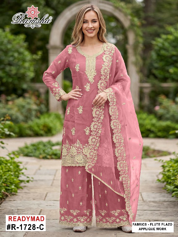 RAMSHA D.NO 1728 WHOLESALE READYMADE FLUTE JARI EPLIC WORK AMAZING 3 PCS SUITS FOR EXPORT
