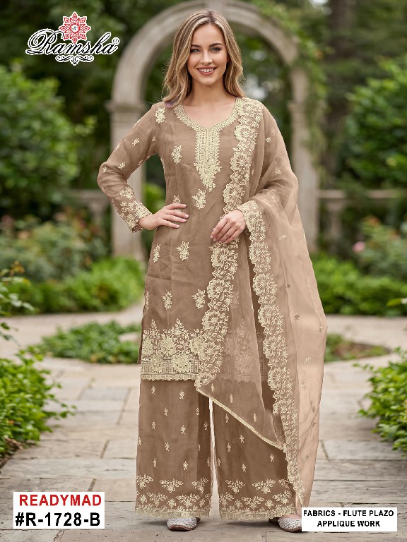 RAMSHA D.NO 1728 WHOLESALE READYMADE FLUTE JARI EPLIC WORK AMAZING 3 PCS SUITS FOR EXPORT