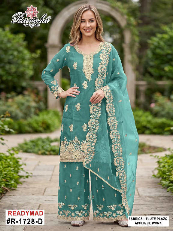RAMSHA D.NO 1728 WHOLESALE READYMADE FLUTE JARI EPLIC WORK AMAZING 3 PCS SUITS FOR EXPORT